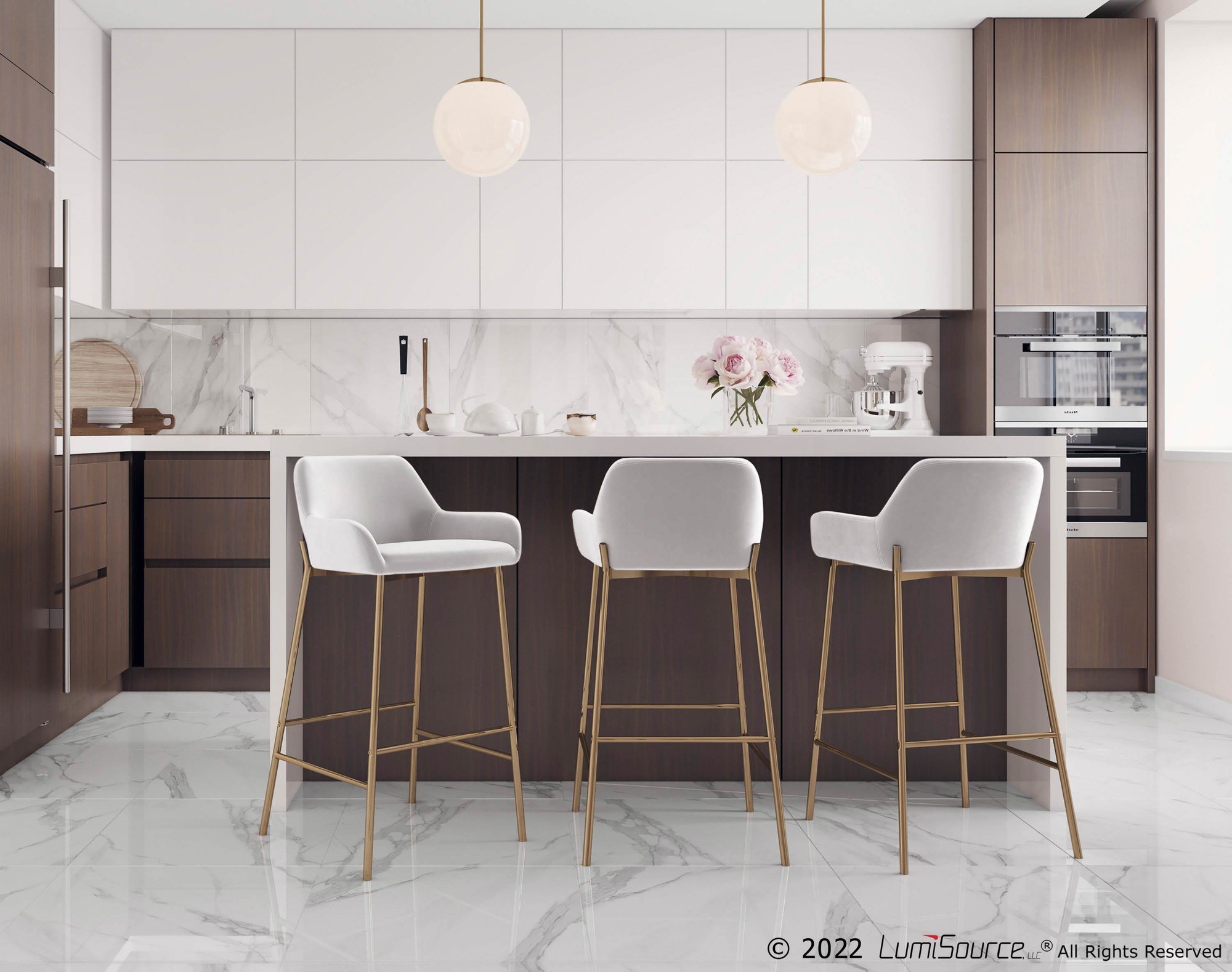 Daniella Gold Metal White Velvet Contemporary Bar Stools (Set of 2) 1 Daniella Gold Metal White Velvet Contemporary Bar Stools (Set of 2)