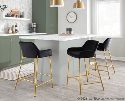 Daniella Gold and Black Velvet Contemporary Counter Stools (Set of 2)