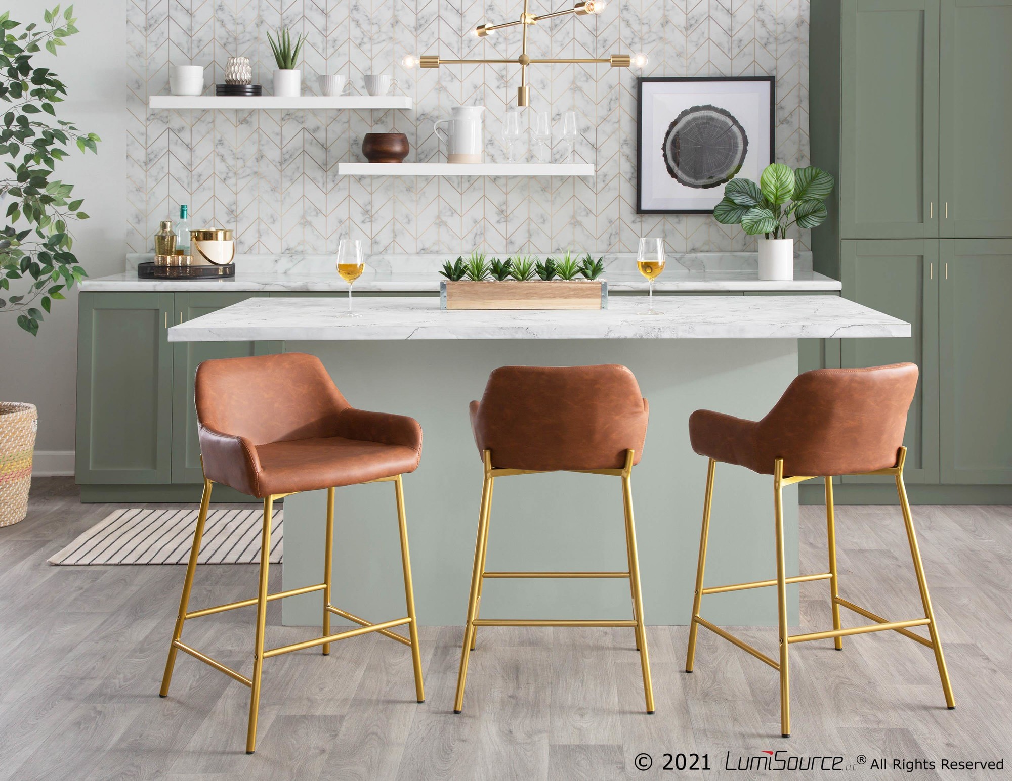 Daniella Gold and Camel Contemporary Counter Stools (Set of 2) 2 Daniella Gold and Camel Contemporary Counter Stools (Set of 2) - Image 2