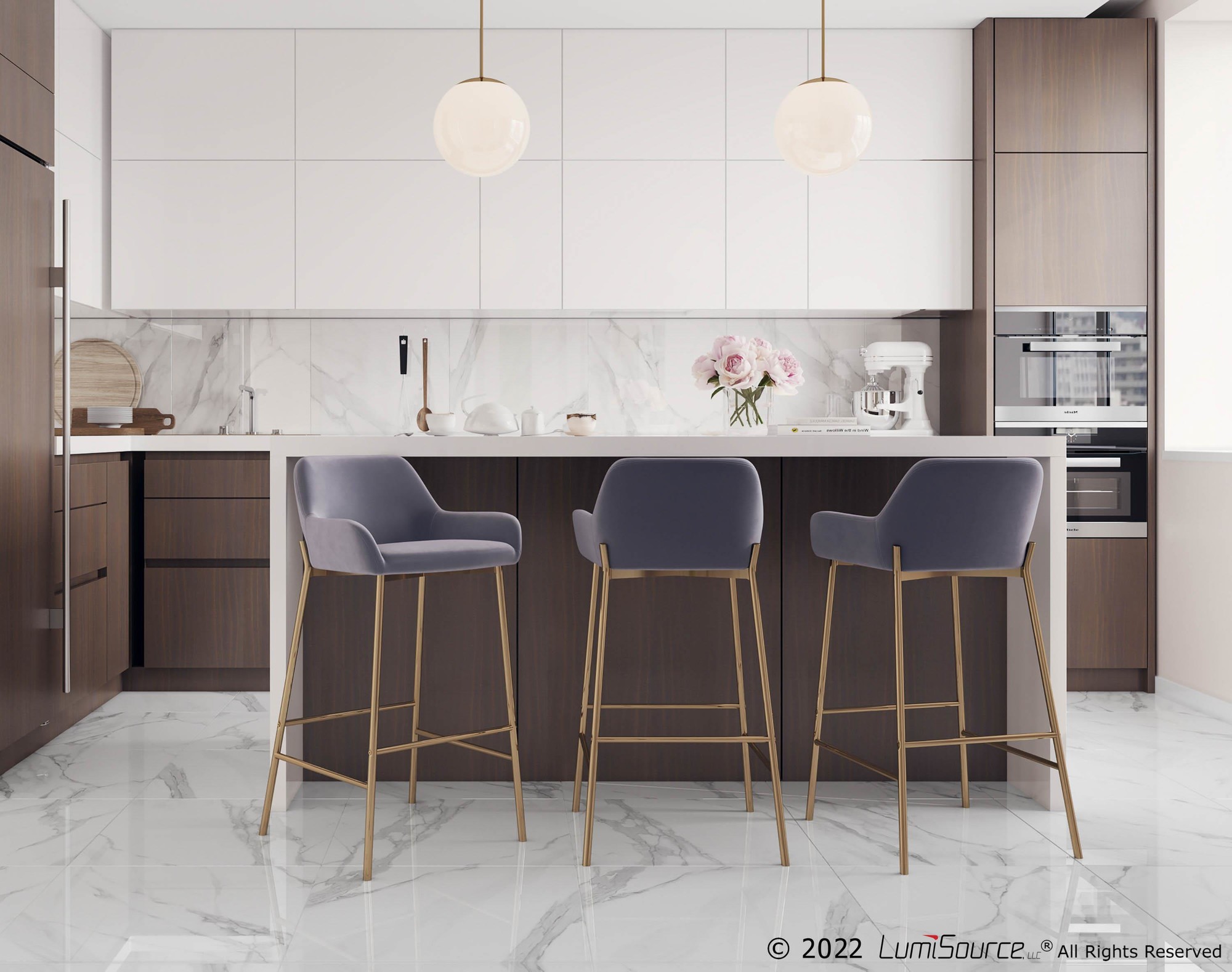 Daniella Gold and Silver Velvet Contemporary Bar Stools (Set of 2) 1 Daniella Gold and Silver Velvet Contemporary Bar Stools (Set of 2)