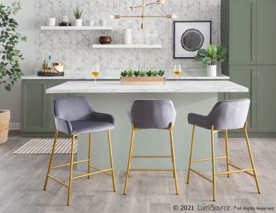 Daniella Gold and Silver Velvet Contemporary Counter Stools (Set of 2)