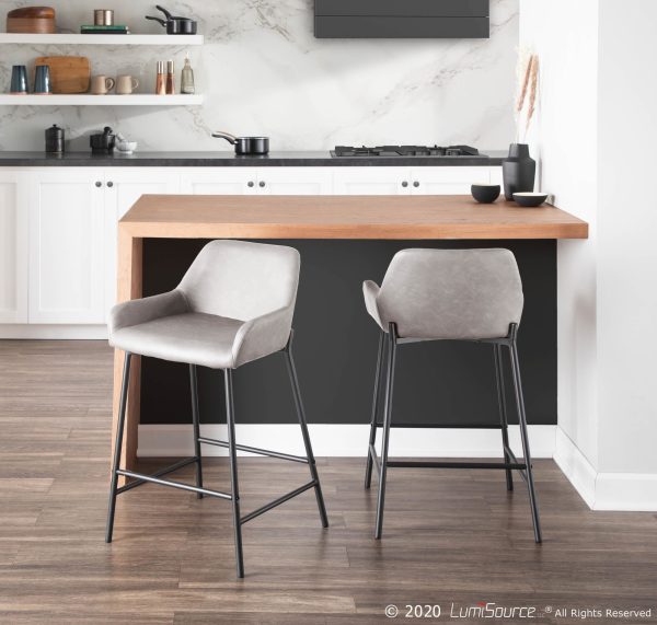 Daniella Grey Faux Leather Black Metal Counter Stools Set of 2 1