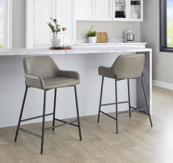 Daniella Grey Faux Leather Black Metal Counter Stools Set of 2