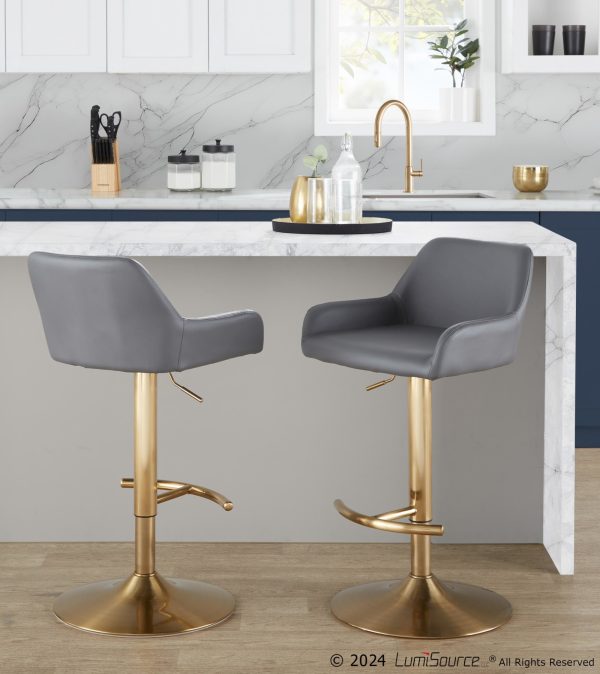Daniella Grey Faux Leather Gold Contemporary Swivel Barstools Set of 2 1