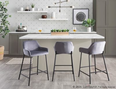 Daniella Industrial Black Metal Silver Velvet Counter Stools (Set of 2)