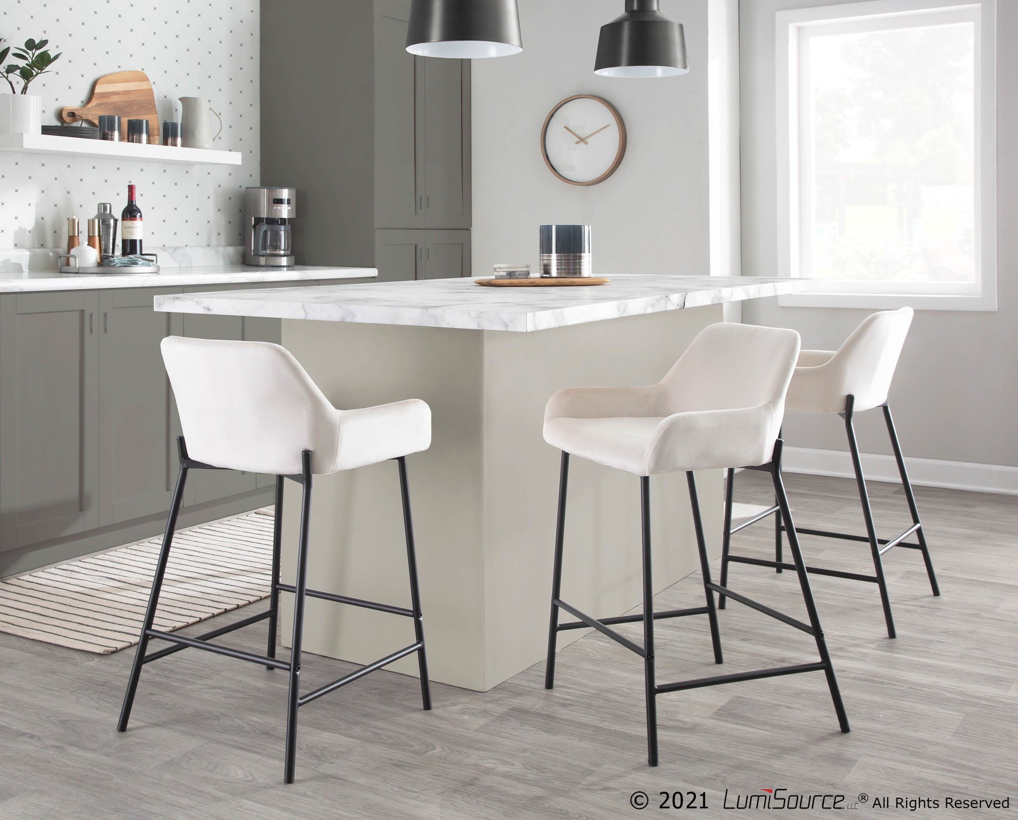 Daniella Industrial Black Metal White Velvet Counter Stools (Set of 2) 2 Daniella Industrial Black Metal White Velvet Counter Stools (Set of 2) - Image 2