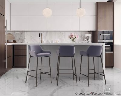 Daniella Industrial Silver Velvet Fixed Bar Stool (Set of 2)