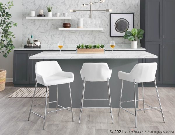 Daniella White Faux Leather Chrome Contemporary Counter Stool Set of 2