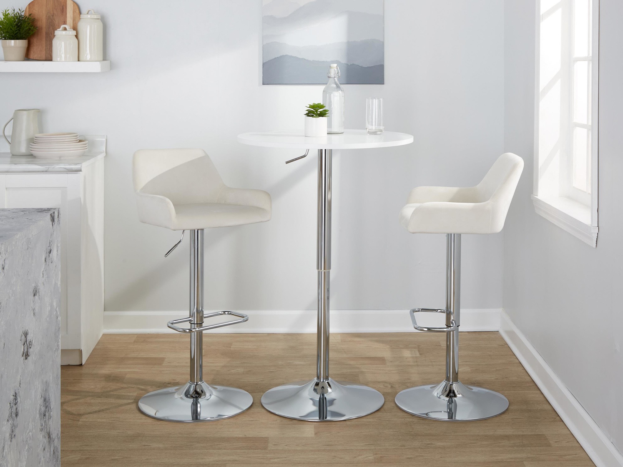 Daniella White Velvet Chrome Contemporary Adjustable Barstool (Set of 2) 2 Daniella White Velvet Chrome Contemporary Adjustable Barstool (Set of 2) - Image 2