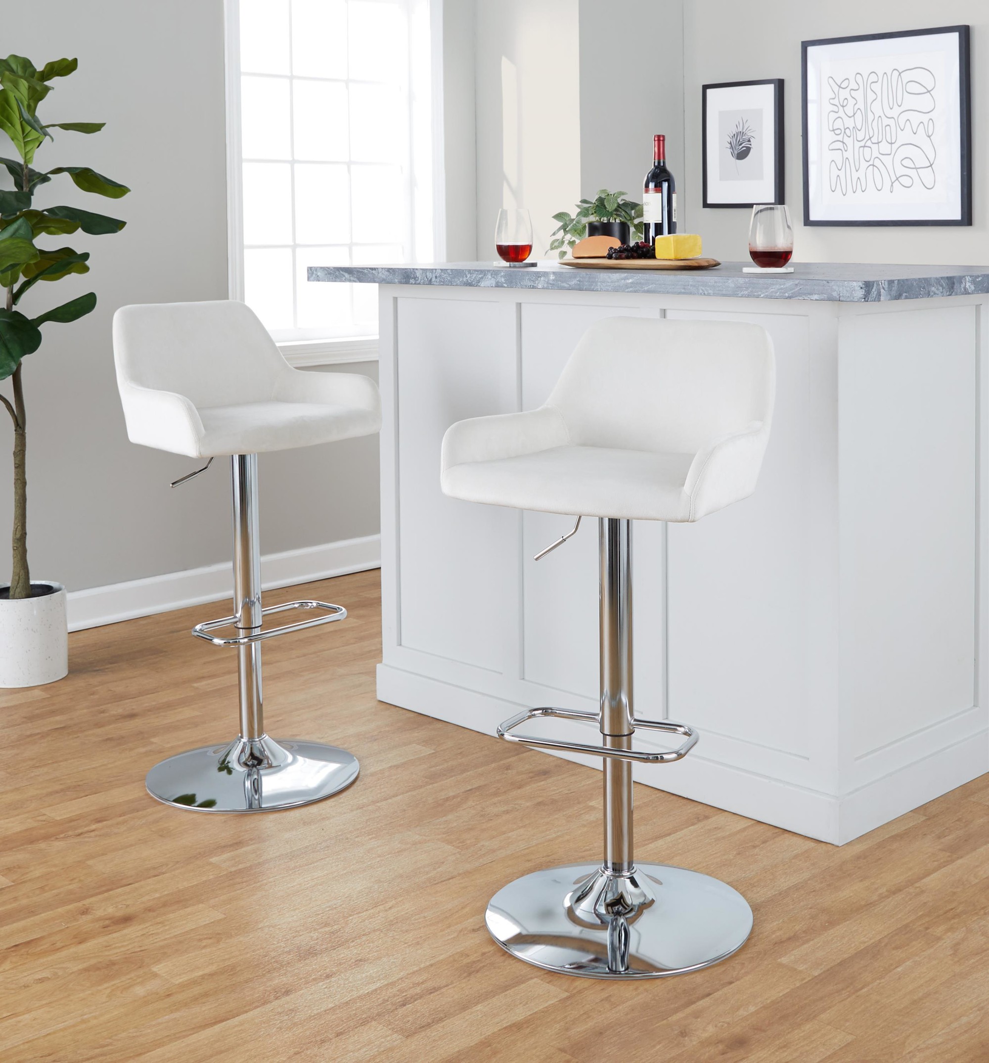 Daniella White Velvet Chrome Contemporary Adjustable Barstool (Set of 2) 4 Daniella White Velvet Chrome Contemporary Adjustable Barstool (Set of 2) - Image 4