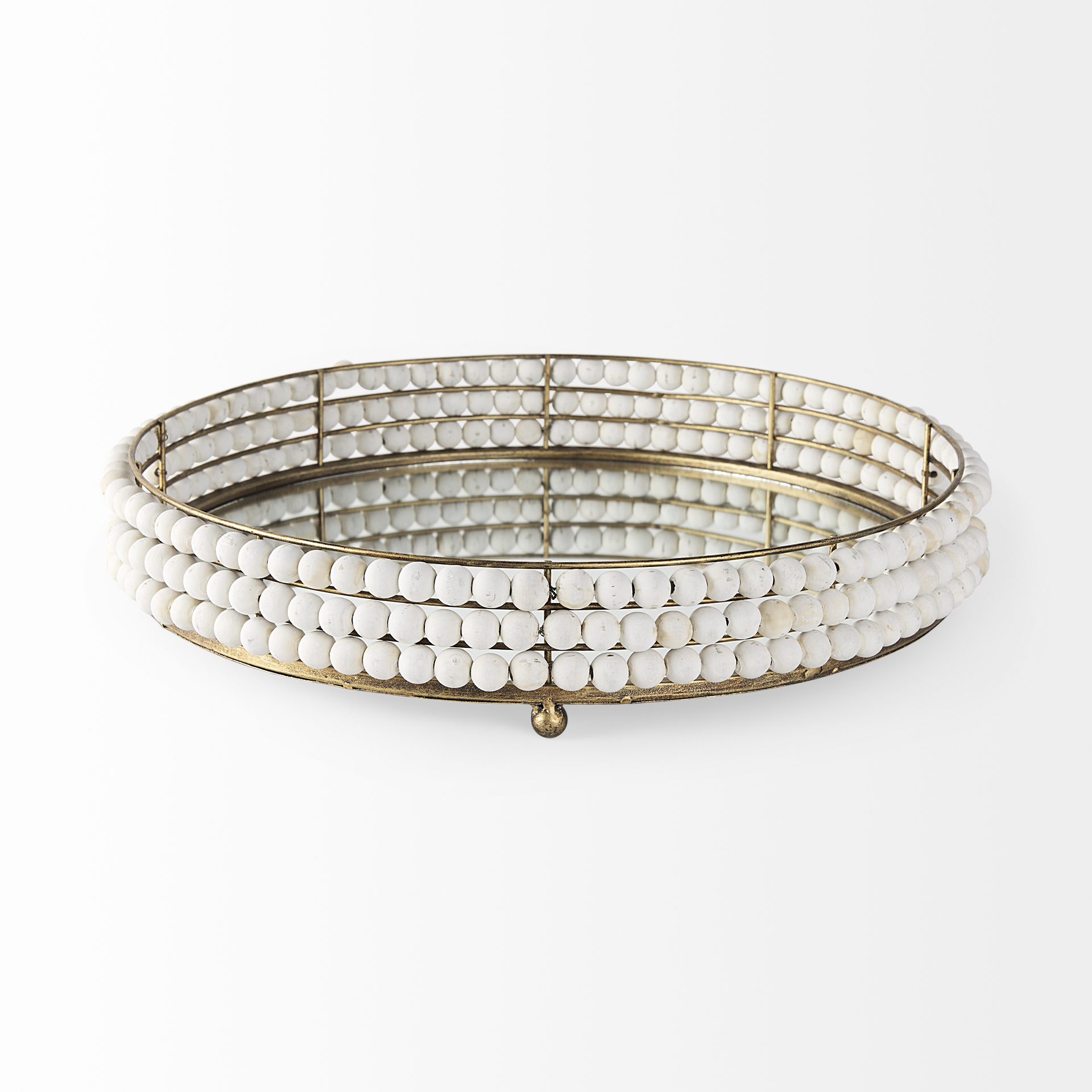 Decatur I 21L x 21W White Wooden Bead Mirrored Bottom Round Tray 2 Decatur I 21L x 21W White Wooden Bead Mirrored Bottom Round Tray - Image 2