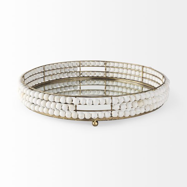 Decatur I 21L x 21W White Wooden Bead Mirrored Bottom Round Tray 2