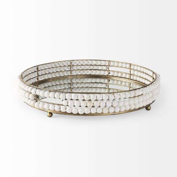 Decatur I 21L x 21W White Wooden Bead Mirrored Bottom Round Tray 3