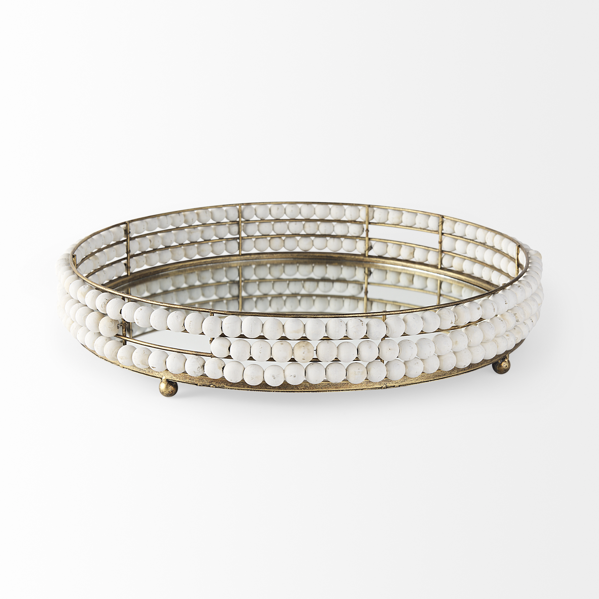 Decatur I 21L x 21W White Wooden Bead Mirrored Bottom Round Tray 4 Decatur I 21L x 21W White Wooden Bead Mirrored Bottom Round Tray - Image 4