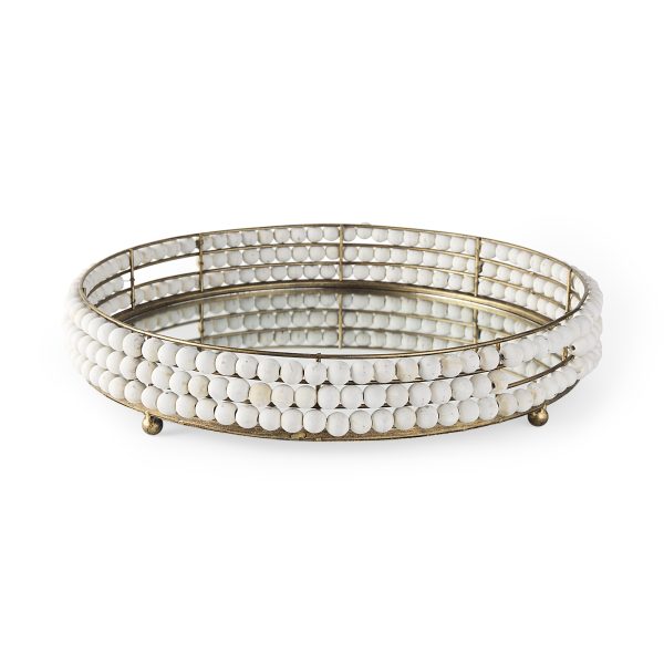 Decatur I 21L x 21W White Wooden Bead Mirrored Bottom Round Tray