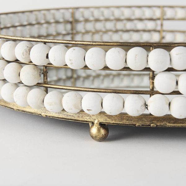 Decatur I 21L x 21W White Wooden Bead Mirrored Bottom Round Tray 7