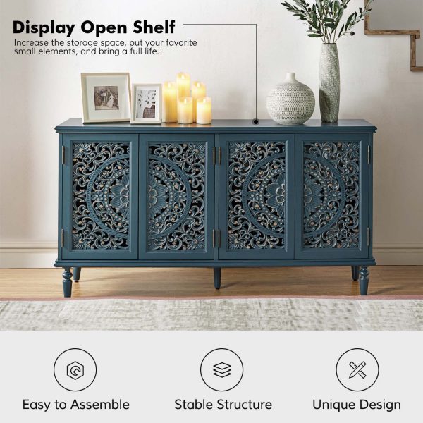 Delia Blue Floral Carved Lighted Solid Wood Sideboard 2