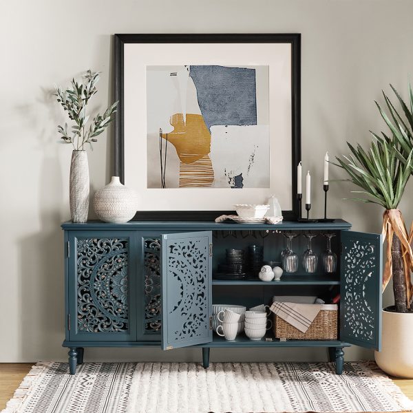 Delia Blue Floral Carved Lighted Solid Wood Sideboard