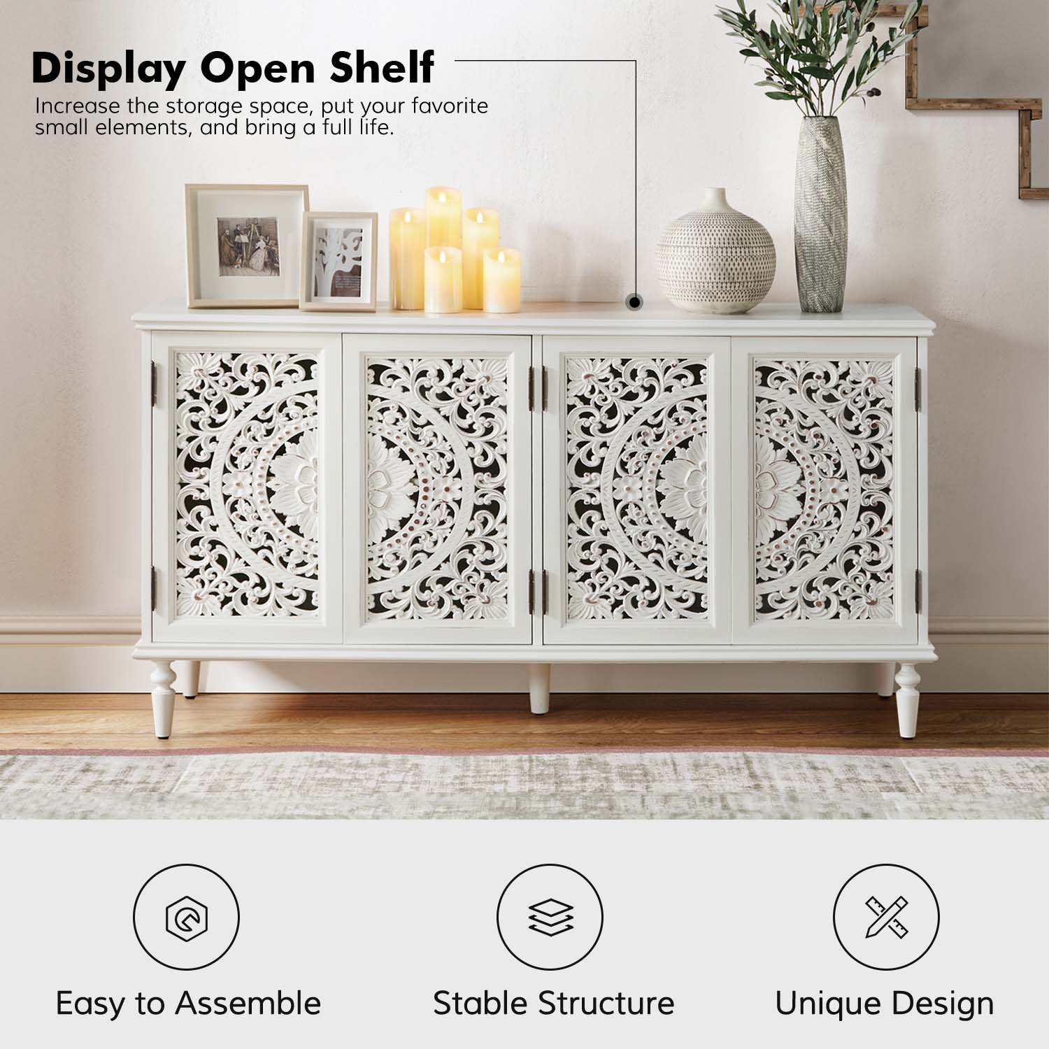 Delia White Floral Carved Lighted Solid Wood Sideboard 3 Delia White Floral Carved Lighted Solid Wood Sideboard - Image 3