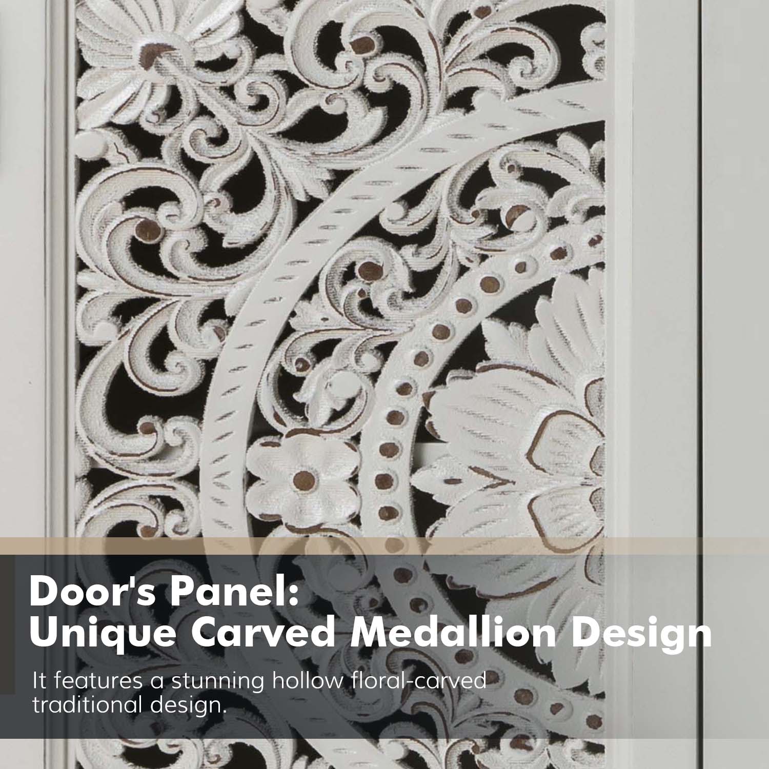 Delia White Floral Carved Lighted Solid Wood Sideboard 4 Delia White Floral Carved Lighted Solid Wood Sideboard - Image 4