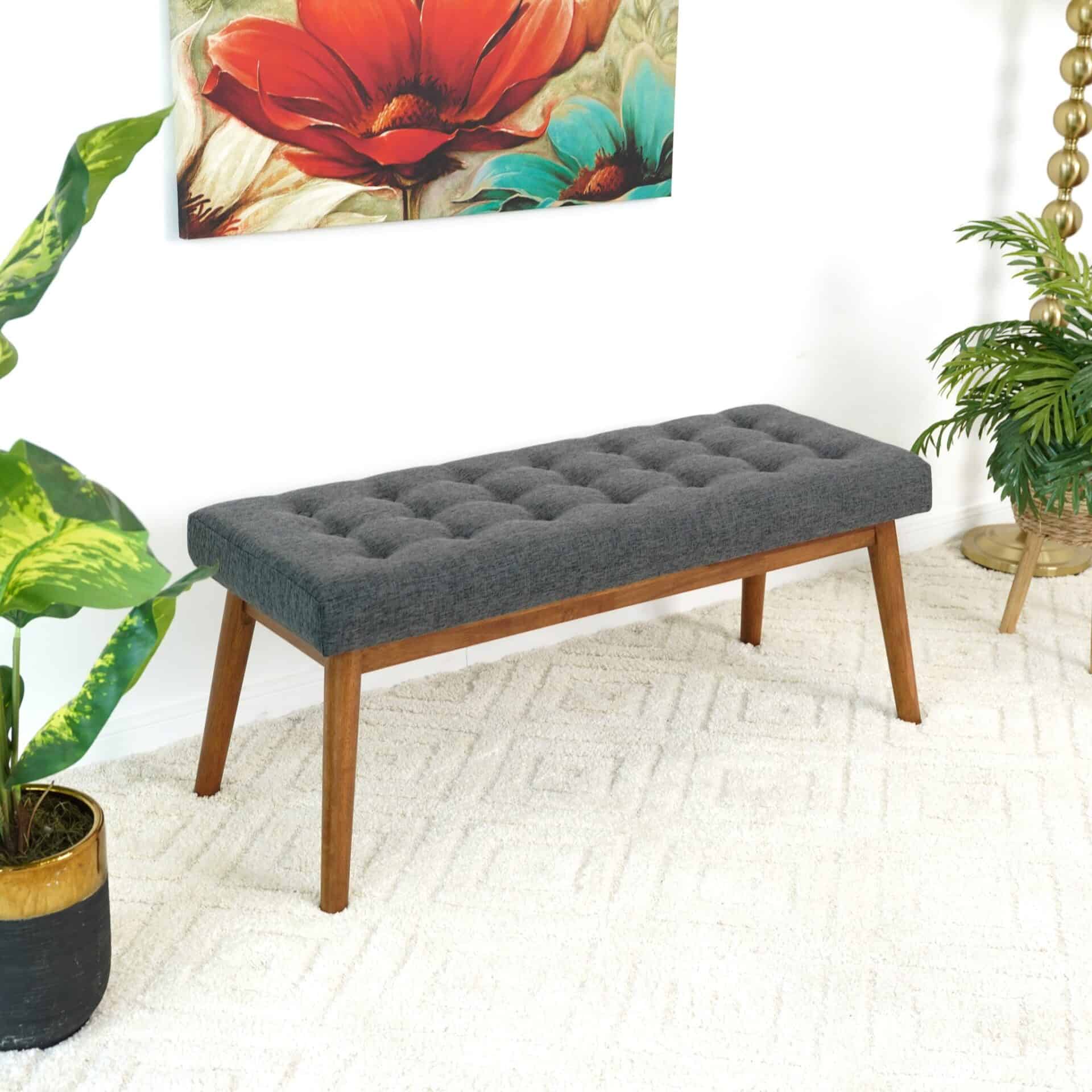 Grey Fabric Mid-Century Upholstered Bench with Solid Wood Legs 3 Grey Fabric Mid-Century Upholstered Bench with Solid Wood Legs - Image 3