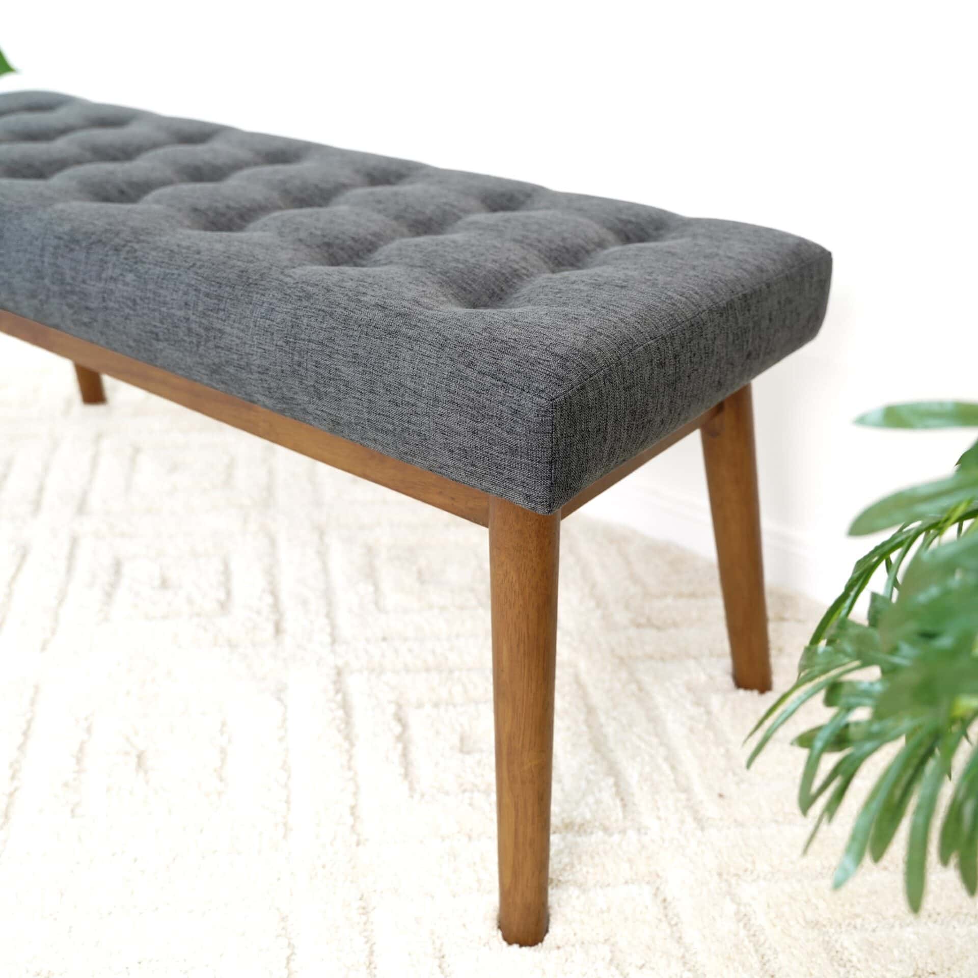 Grey Fabric Mid-Century Upholstered Bench with Solid Wood Legs 5 Grey Fabric Mid-Century Upholstered Bench with Solid Wood Legs - Image 5