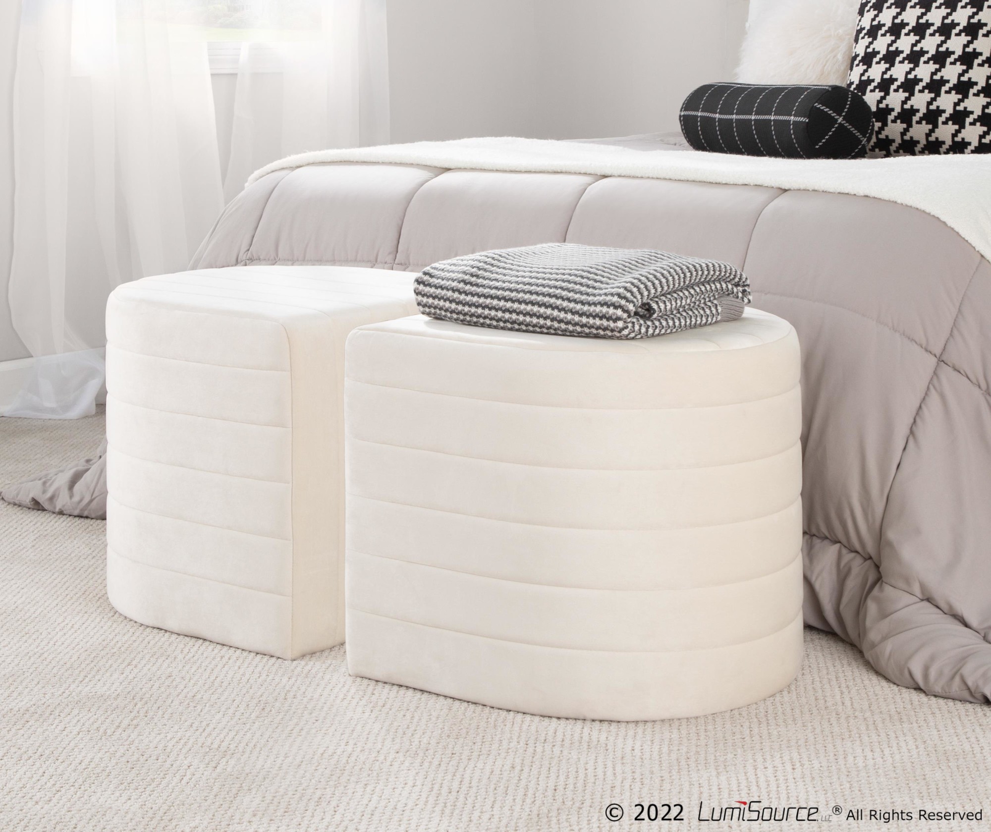 Demi Cream Velvet Contemporary Ottoman 2 Demi Cream Velvet Contemporary Ottoman - Image 2