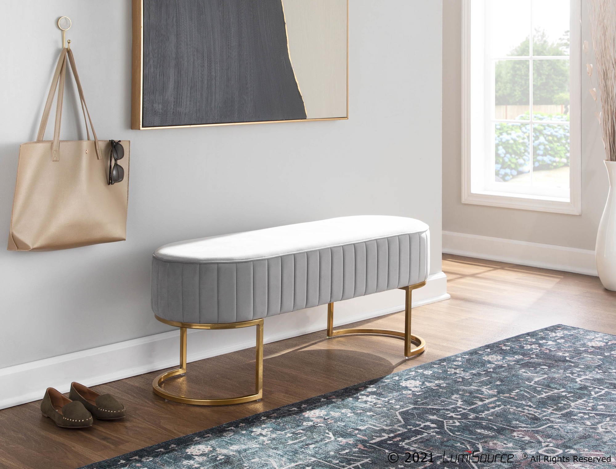 Demi Glam Silver Velvet Pleated Bench with Gold Steel Frame 2 Demi Glam Silver Velvet Pleated Bench with Gold Steel Frame - Image 2