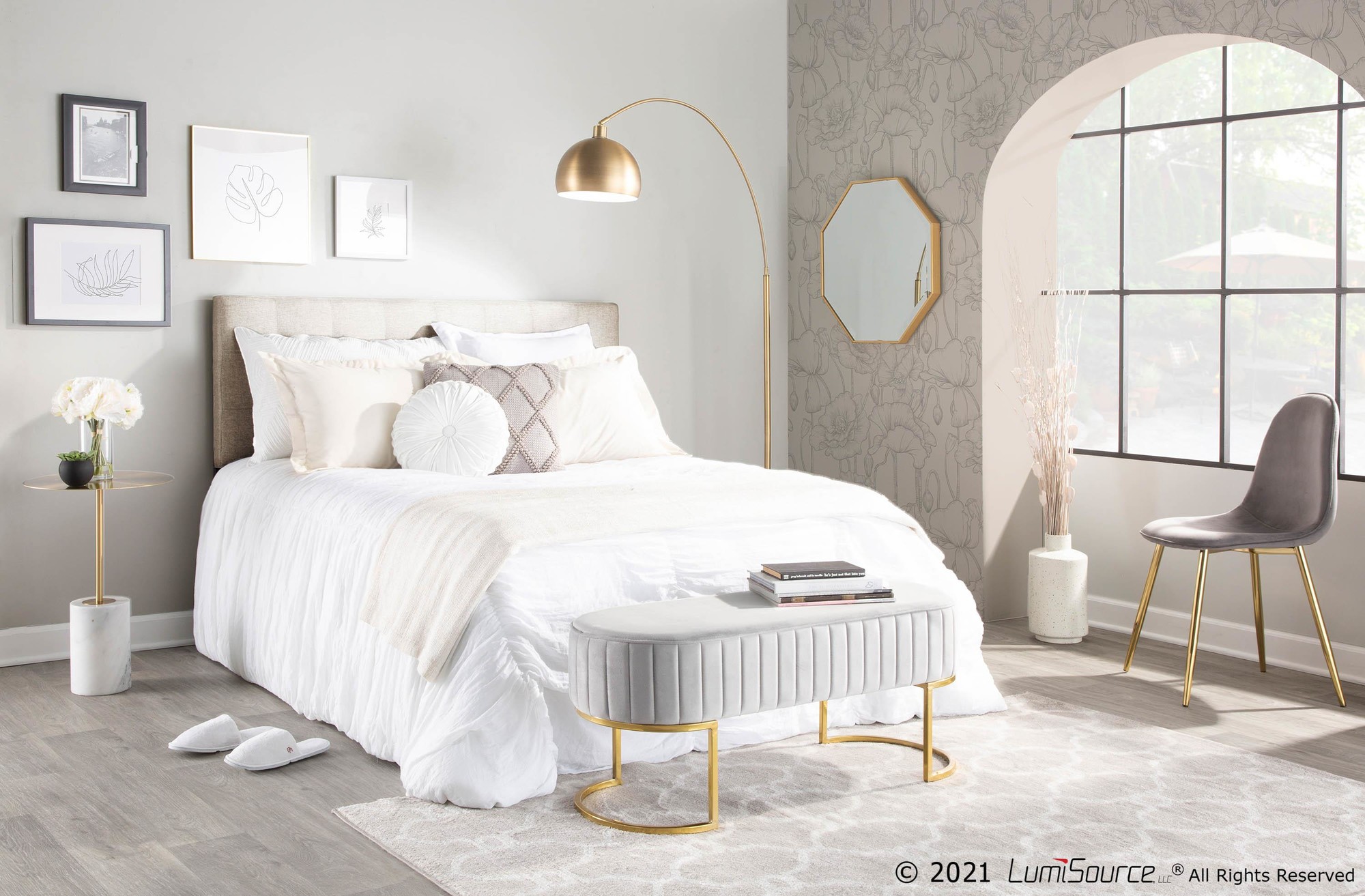 Demi Glam Silver Velvet Pleated Bench with Gold Steel Frame 3 Demi Glam Silver Velvet Pleated Bench with Gold Steel Frame - Image 3