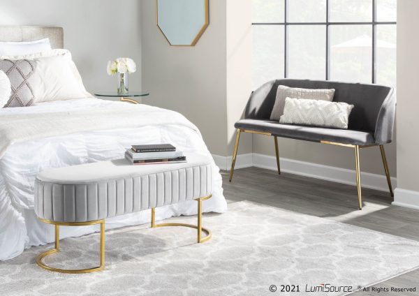 Demi Glam Silver Velvet Pleated Bench with Gold Steel Frame