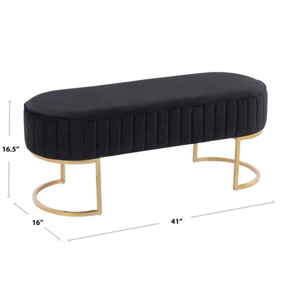 Demi Glam Silver Velvet Pleated Bench with Gold Steel Frame 9