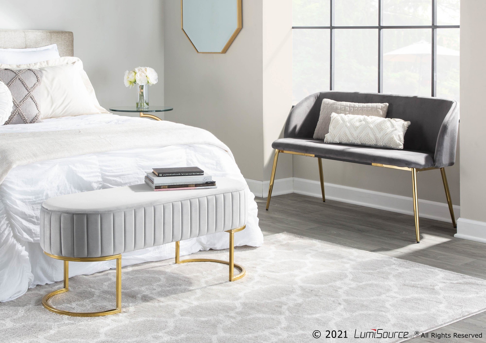 Demi Glam Silver Velvet Pleated Bench with Gold Steel Frame 1 Demi Glam Silver Velvet Pleated Bench with Gold Steel Frame