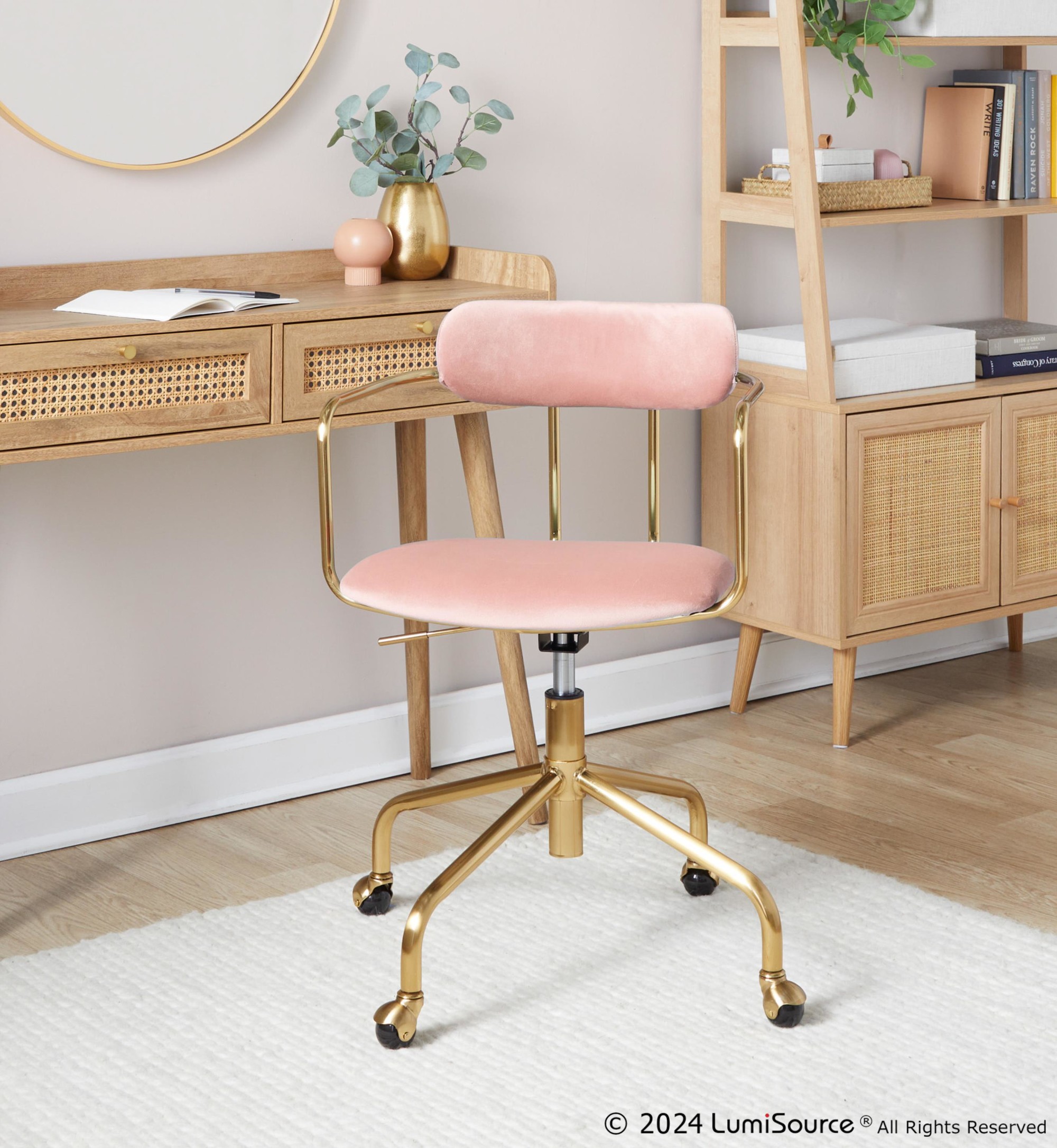 Demi Pink Velvet Gold Contemporary Task Chair 2 Demi Pink Velvet Gold Contemporary Task Chair - Image 2