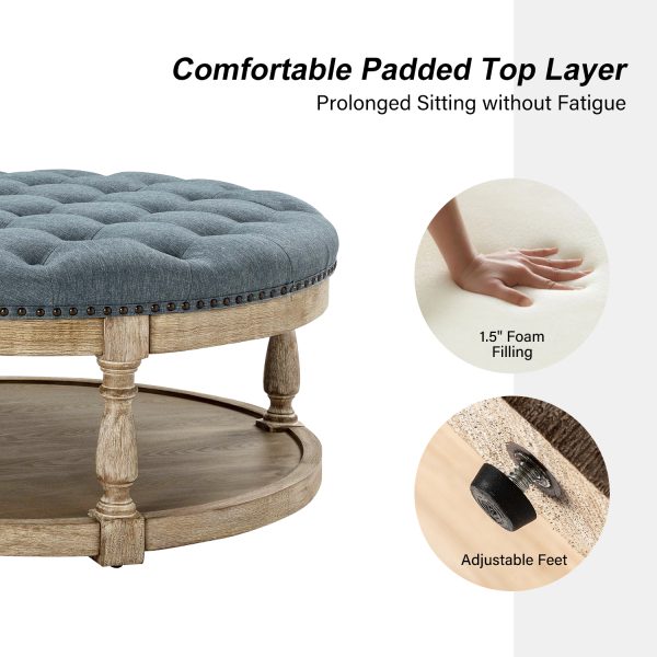 Deoius Blue Tufted Round Water Resistant Storage Ottoman 3