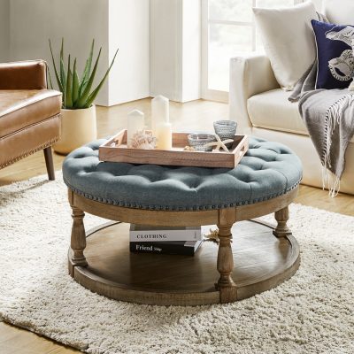 Deoius Blue Tufted Round Water Resistant Storage Ottoman