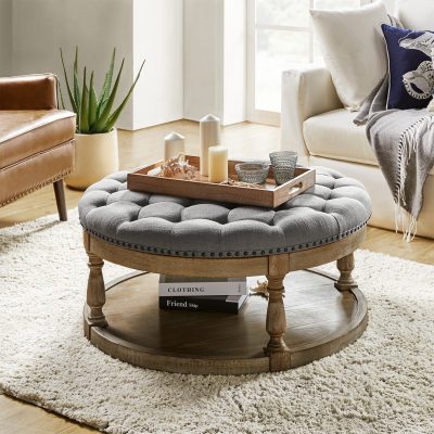 Deoius Grey Tufted Round Water Resistant Storage Ottoman