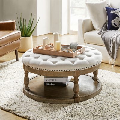Deoius Ivory Tufted Round Storage Cocktail Ottoman
