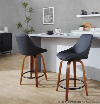 Diana 24 Contemporary Walnut Black Faux Leather Counter Stools (Set of 2)