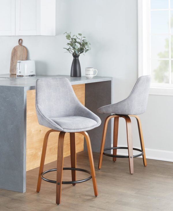 Diana 24 Walnut Wood Grey Corduroy Contemporary Swivel Stools Set of 2 1