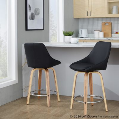 Diana 24 Zebra Wood Black Faux Leather Swivel Stools (Set of 2)