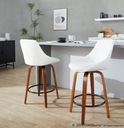 Diana 26 Walnut White Faux Leather Contemporary Swivel Stools (Set of 2)