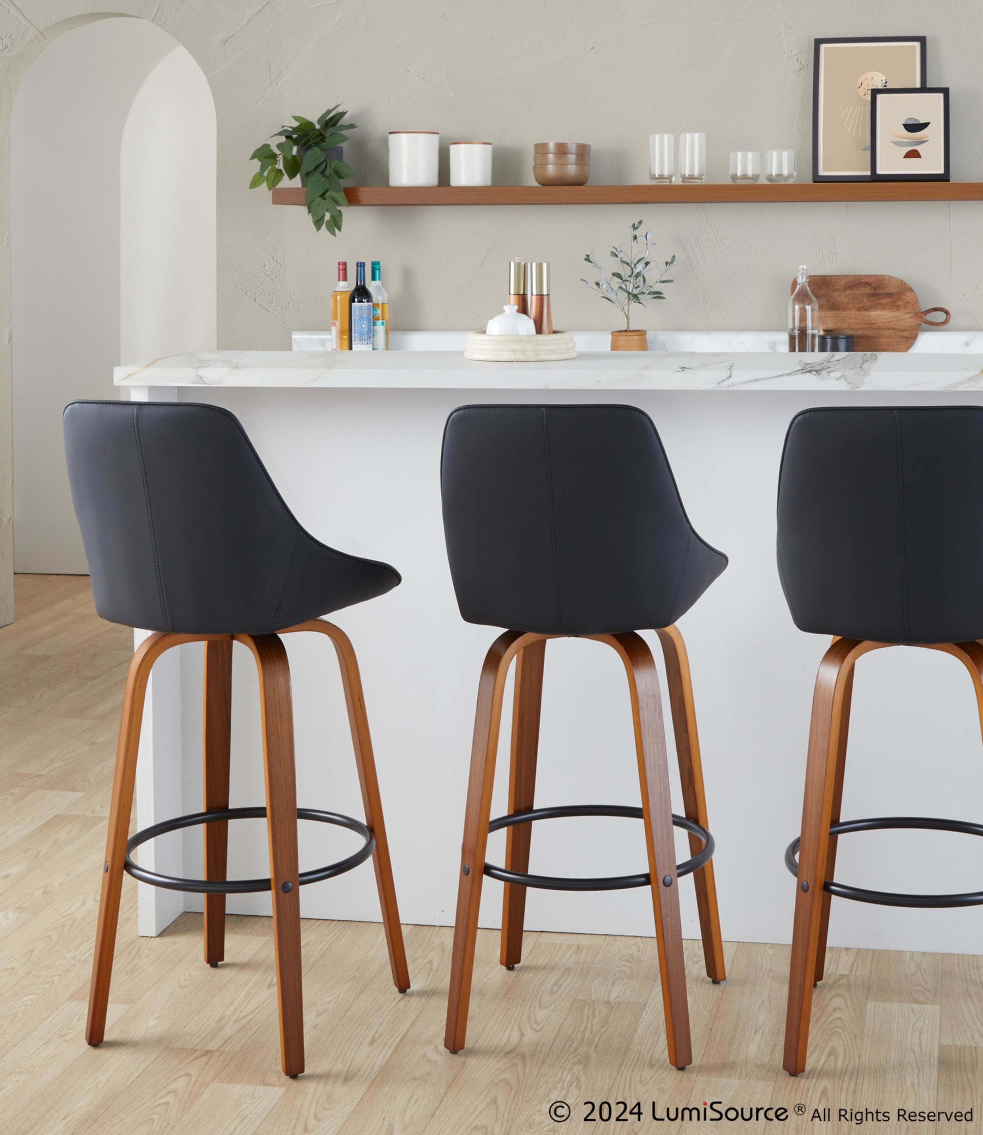 Diana 30 Walnut Black Faux Leather Contemporary Barstools (Set of 2) 2 Diana 30 Walnut Black Faux Leather Contemporary Barstools (Set of 2) - Image 2