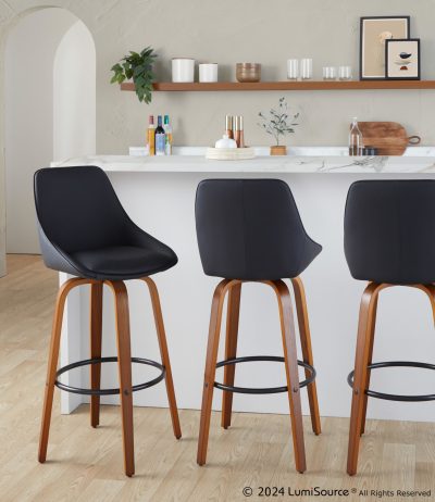 Diana 30 Walnut Black Faux Leather Contemporary Barstools (Set of 2)