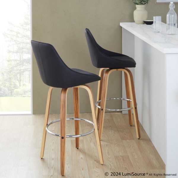 Diana 30 Zebra Wood Black Faux Leather Swivel Barstool Set of 2 1