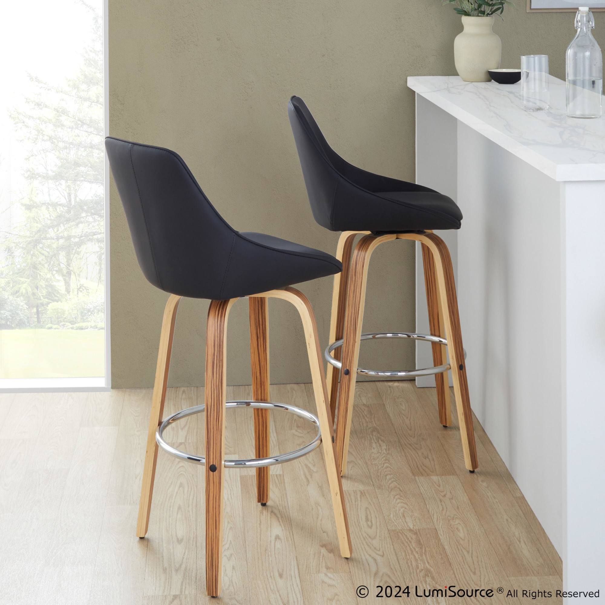 Diana 30 Zebra Wood Black Faux Leather Swivel Barstool (Set of 2) 2 Diana 30 Zebra Wood Black Faux Leather Swivel Barstool (Set of 2) - Image 2