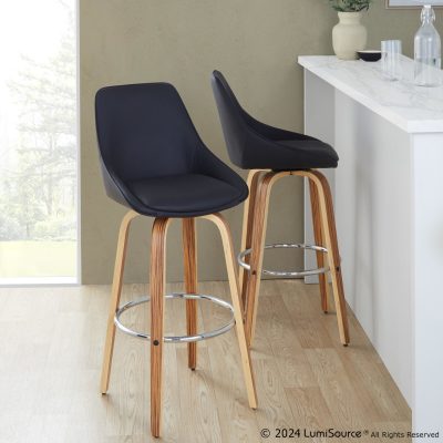 Diana 30 Zebra Wood Black Faux Leather Swivel Barstool (Set of 2)