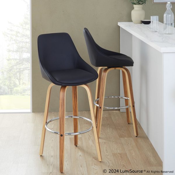 Diana 30 Zebra Wood Black Faux Leather Swivel Barstool Set of 2