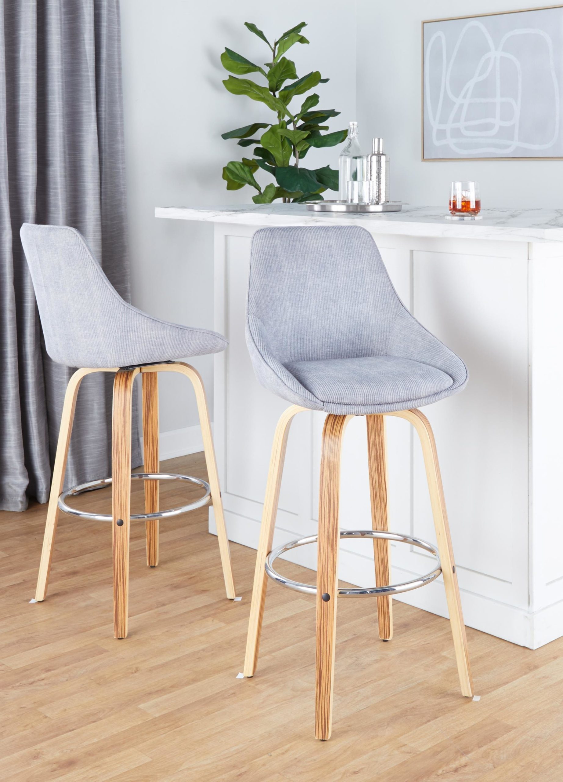 Diana 30 Zebra Wood Grey Corduroy Contemporary Barstools (Set of 2) 2 Diana 30 Zebra Wood Grey Corduroy Contemporary Barstools (Set of 2) - Image 2