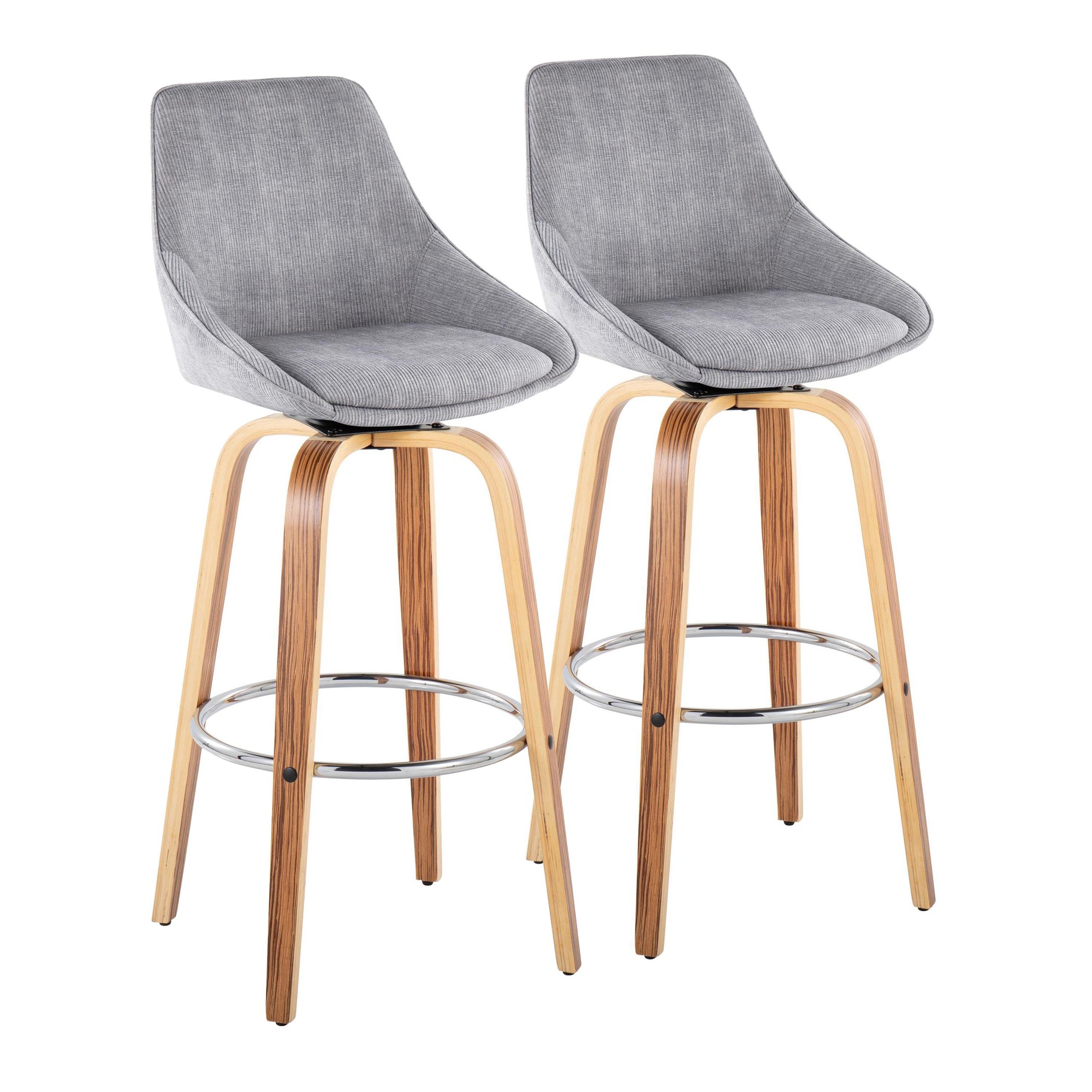 Diana 30 Zebra Wood Grey Corduroy Contemporary Barstools (Set of 2) 3 Diana 30 Zebra Wood Grey Corduroy Contemporary Barstools (Set of 2) - Image 3