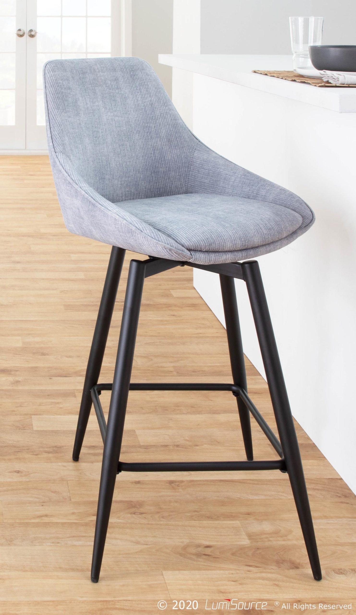 Diana Black Steel Grey Corduroy Contemporary Counter Stools (Set of 2) 2 Diana Black Steel Grey Corduroy Contemporary Counter Stools (Set of 2) - Image 2